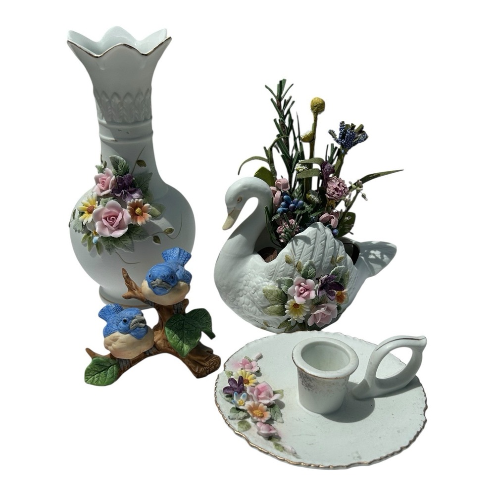 Vintage Lefton Hand Painted Floral Bud Vase Candle Holder Birds Swan Lot Japan 5